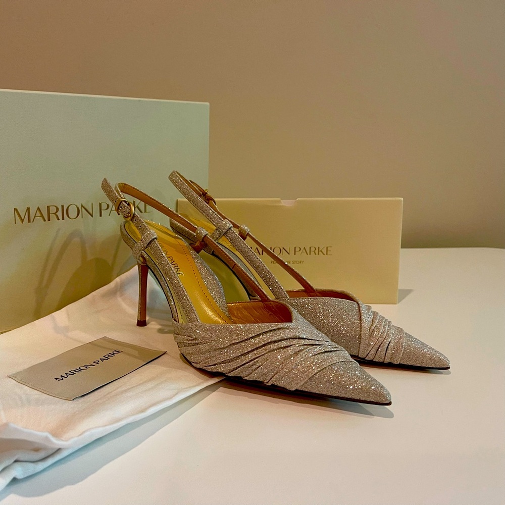 Marion Parke >
Audrey 85 Glitter Pump size 38 color “Dune”. 
EUC